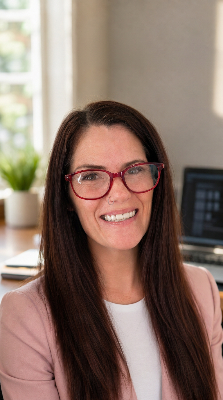 Judi Hampshire, Digital OBM and Operations Consultant, smiling in a soft pink blazer with red glasses.