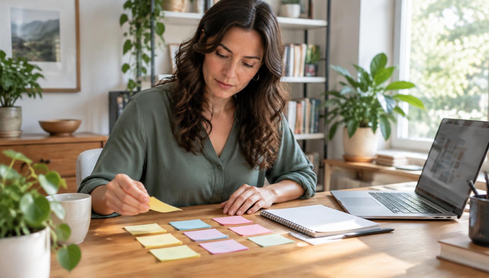 A founder sorting her task list at a desk with a laptop
