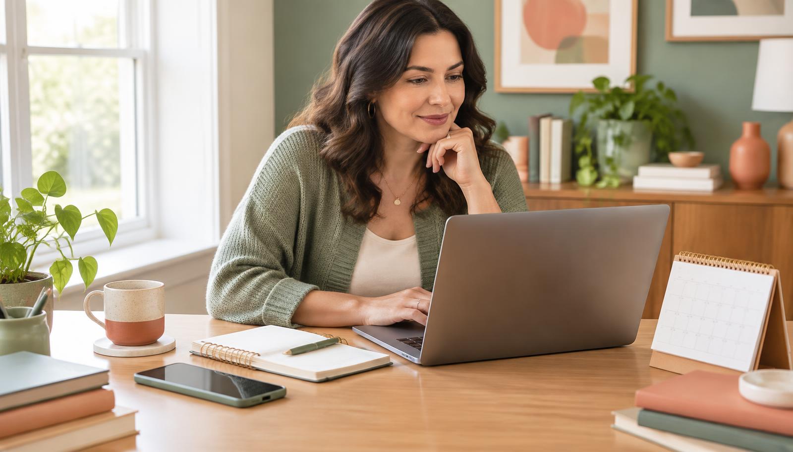 A small business owner reviewing her tools and systems at a laptop