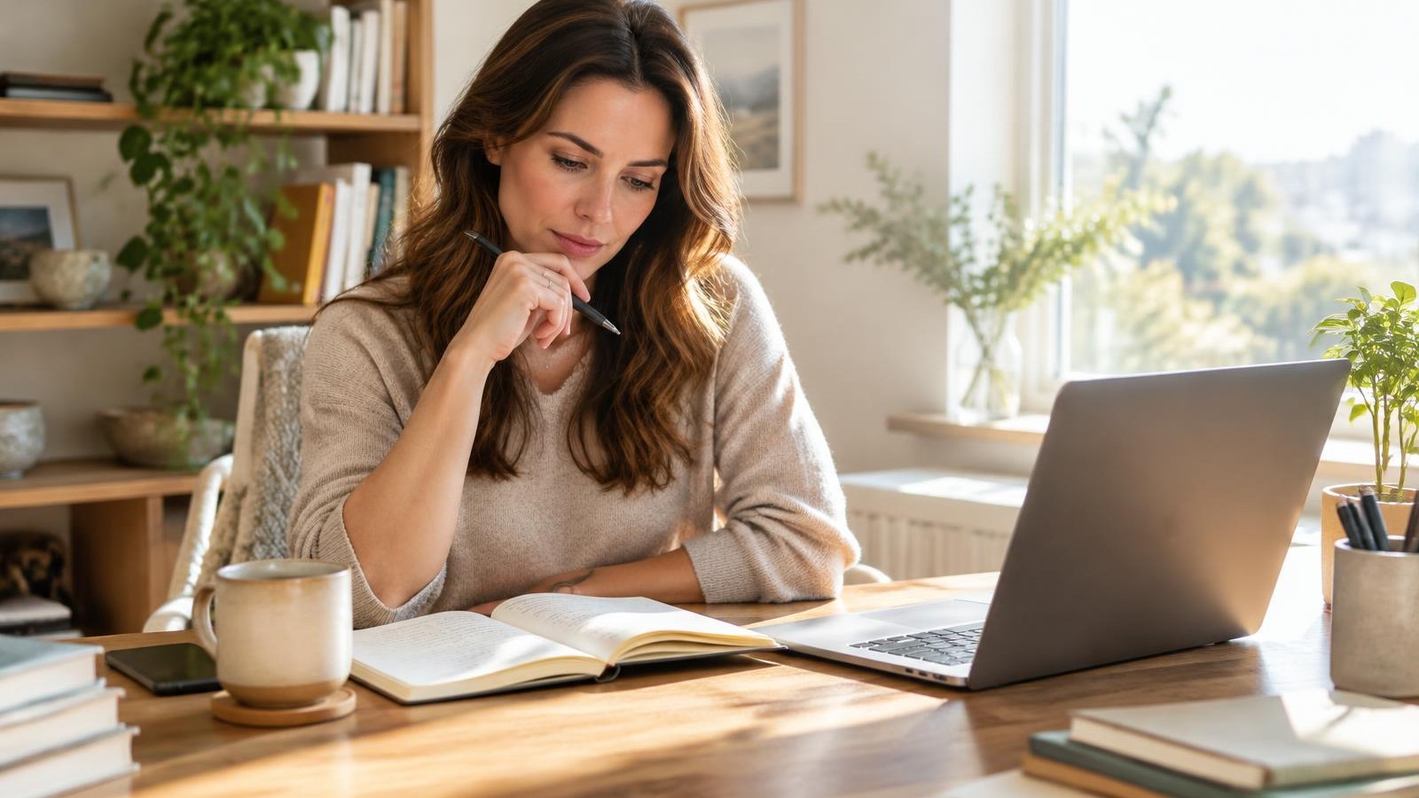 A founder doing a weekly review with a notebook, coffee and laptop