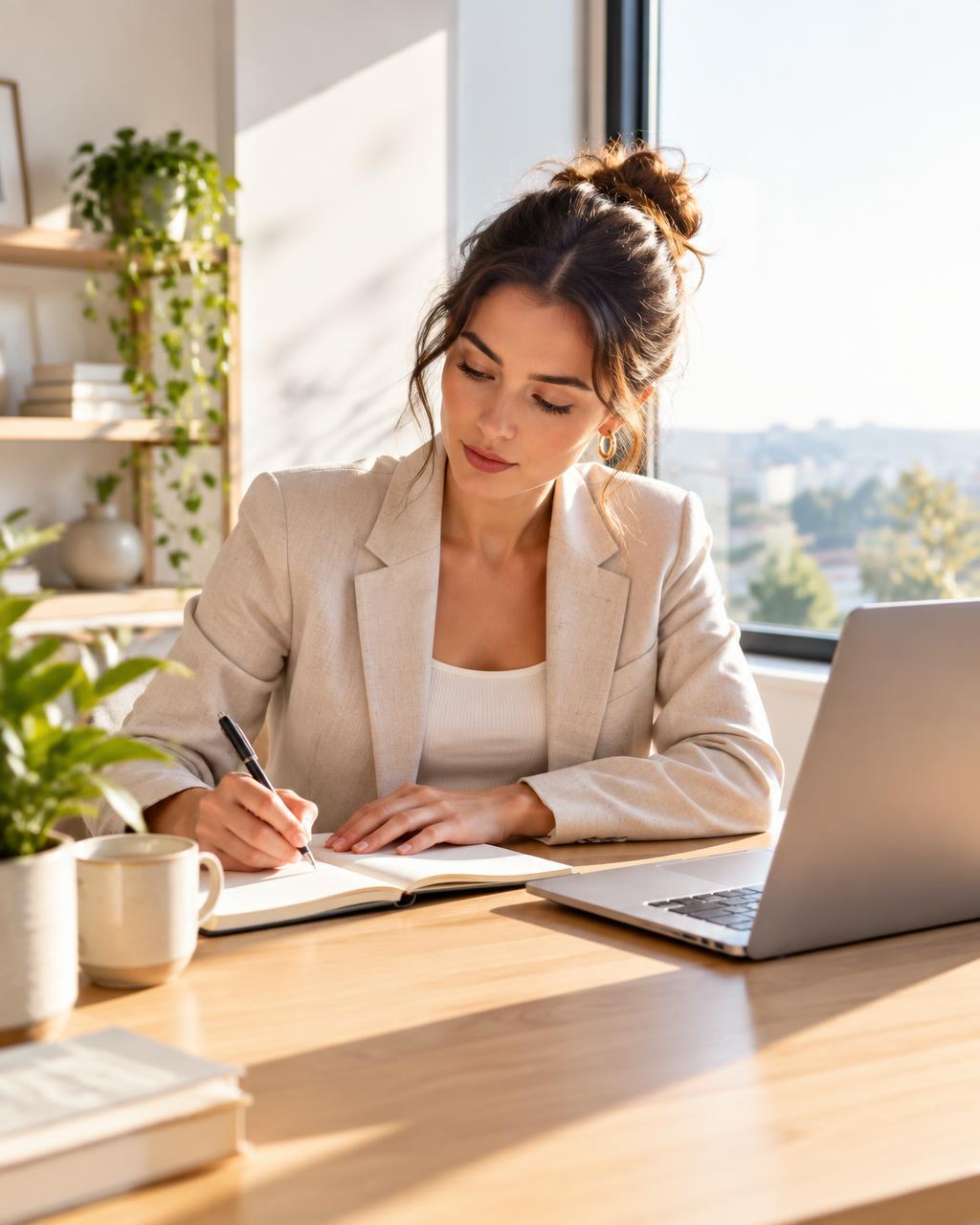 Woman writing notes beside her laptop at a sunlit wooden desk.